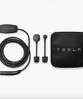 Tesla Mobile Connector Portable EV Charger Level 2 Up To 32 Amps With 20 Ft Cable accessories in black, including adapters and pouch.
