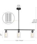 Diagram of Three Light Black Pendant Lights For Kitchen Island With Glass Shades And Adjustable Rods Hanging Linear Chandelier dimensions.