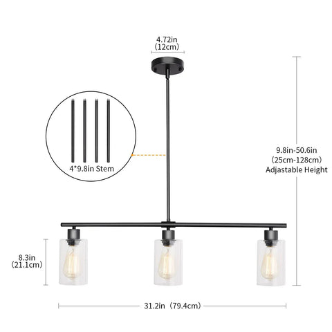 Diagram of Three Light Black Pendant Lights For Kitchen Island With Glass Shades And Adjustable Rods Hanging Linear Chandelier dimensions.