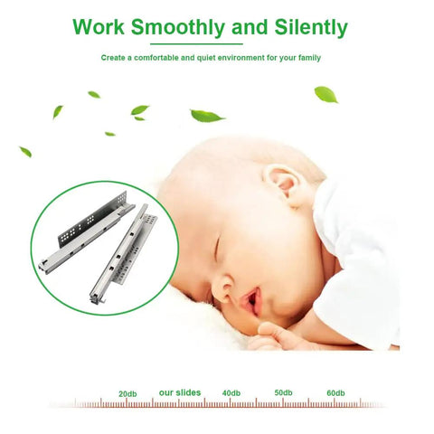Undermount Soft Close Drawer Slides Set For Frameless Cabinets, 6 Pairs, 22 Inch, shown with sleeping baby for noise level.