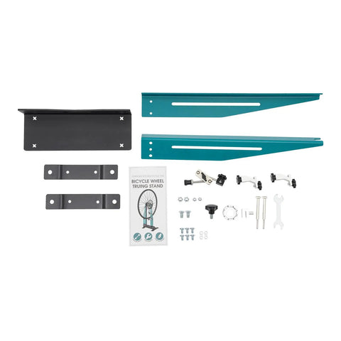 Portable Wheel Truing Stand For MTB And Road Bikes Pro-Grade Rim Alignment Tool components laid out, including steel parts and manual.