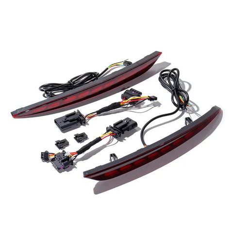Street Ready Sequential Led Rear Bumper Light Assembly For Tesla Model 3 2017 To 2022 includes two red light modules and wiring connectors.