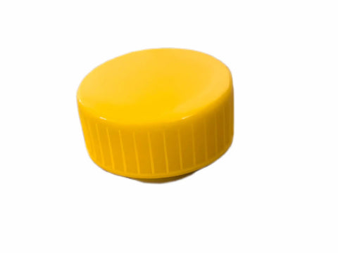 High Visibility Yellow Replacement Reservoir Cap For Power Pole Hydraulic Pump Fluid Tank, durable polymer lid, side view.