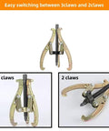 Convertible Three To Two And Three Jaw Gear Puller with reversible jaws shown switching between 3 and 2 claws for pulley removal.