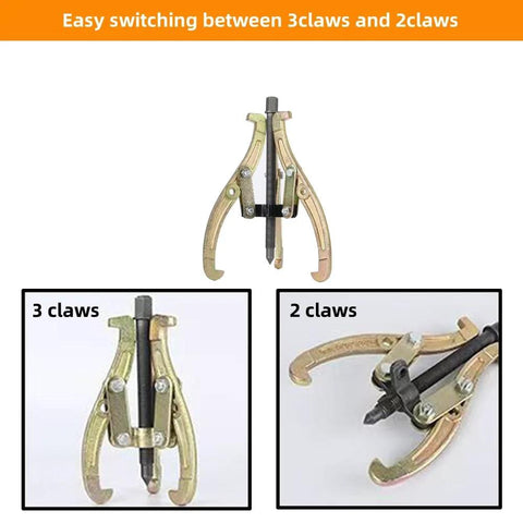 Convertible Three To Two And Three Jaw Gear Puller with reversible jaws shown switching between 3 and 2 claws for pulley removal.