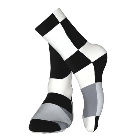 Game Changing Compression Socks For Men And Women Rocking A Dope Black And White Piano Plate Grid Pattern moisture wicking socks.
