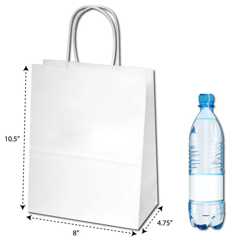 White Kraft Custom Printed Paper Bags With Twisted Handles And Square Bottom Stand Up For Shopping Gifts Parties Merchandise And Trade Shows Single Color Artwork Ready 8 By 4.75 By 10.5 Inches 500 Pack next to water bottle