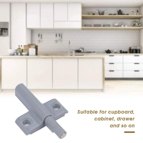 Heavy Duty Magnetic Cabinet Door Catches With Built In Buffer Stopper, grey ABS catch in modern kitchen setting.