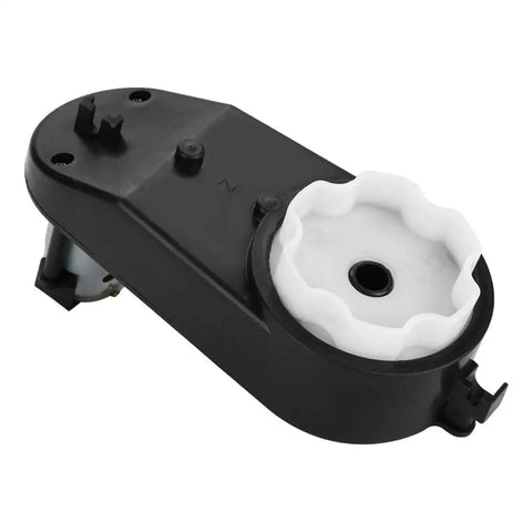 Kids Ride On Gearbox With DC Motor For 6V 390 Motor 18000 RPM High Torque Drive Replacement Part, plastic housing, top view.