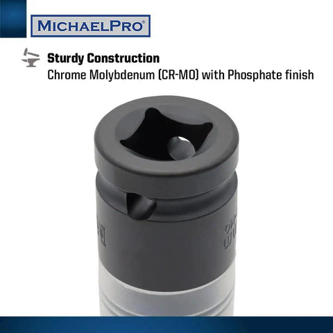 Top view of sturdy 5-Piece Pro Grade Power Impact Lug Nut Socket Set With 1/2 Inch Drive CR-MO finish, protective coating visible.