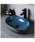 UYTROPLK Bathroom Vessel Sink Small Oval Ceramic Outdoor Indoor Bathroom Vintage Pedestal Basin with Accessories Patio Washbasin Bathroom Sink, deep blue color.