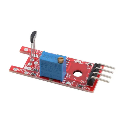 Linear Hall Effect Sensor Module With Analog Output For Magnetic Field Detection Ideal For Arduino Raspberry Pi And DIY Electronics Projects Real Time Magnetic Sensing For Precise Readouts, red PCB with blue adjustable potentiometer.