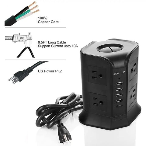 Ditch The Clutter With This Badass Smart Tower Surge Protector Offering Eight US Outlets And A Six Point Five Foot Extension Cord For Straight Up Fast Charging And Certified Overload Protection Daily, featuring 8 outlets and 4 USB ports.