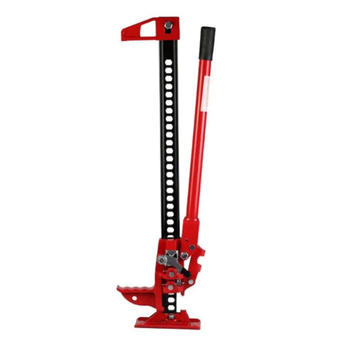 Beefed Up Heavy Duty Farm Jack 3 Ton Capacity 153 cm Off Road Ratcheting Utility Lift in red steel construction