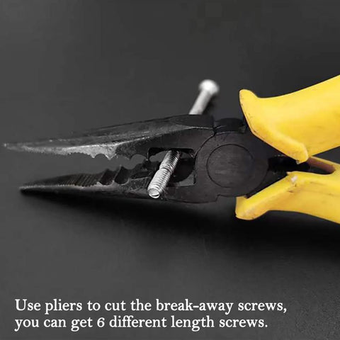 Using pliers to cut break-away screw for customizing length, part of 10 Pack Wooden Drawer Pulls And Knobs Natural Wood And Metal T Bar Cabinet Handles.