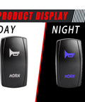 12V UTV Horn Kit With Blue Rocker Switch For Polaris RZR Ranger General Arctic Cat Wildcat Kawasaki Teryx Yamaha Rhino And More, Hella Loud 410 Hz Horn, Easy Install, Weatherproof, Anti Flame Switch For Real Trail Rides. day-night view of switch with horn icon and LED light