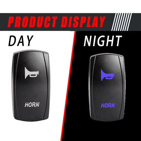 12V UTV Horn Kit With Blue Rocker Switch For Polaris RZR Ranger General Arctic Cat Wildcat Kawasaki Teryx Yamaha Rhino And More, Hella Loud 410 Hz Horn, Easy Install, Weatherproof, Anti Flame Switch For Real Trail Rides. day-night view of switch with horn icon and LED light