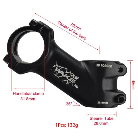 31.8mm MTB Stem 35 Degree Aluminum 6061 T6, 70mm Rise Handlebar Stem for Mountain, Road, BMX Bikes, showing dimensions