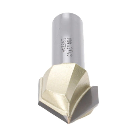 Solid 1/2 Inch Shank 90 Degree V Groove Router Bit Made With Tungsten Carbide For Cutting MDF Plywood Woodwork And Soft Metal Projects Smooth And Reliable! close-up view.