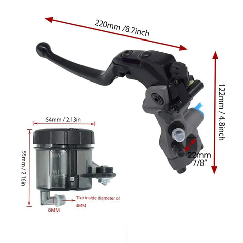 Seven Eighths Inch Universal CNC Hydraulic Brake Clutch Master Cylinder Kit with 8.7 inch lever and reservoir measurements