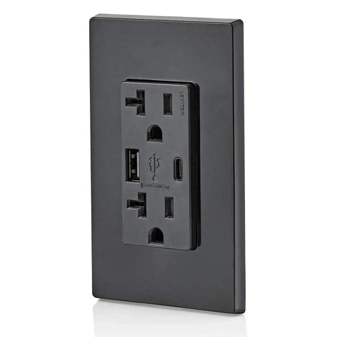 Type A And Type C USB In Wall Charger With 20A Tamper Resistant Outlet, Dual USB Ports Deliver 5.1A Total For Fast Charging Black