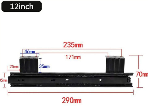 Heavy Duty Under Desk Keyboard Slide Full Extension Telescopic Track Rail 12 inch length with measurements for easy installation.