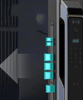 Hassle Free Smart Door Lock With Rock Solid Fingerprint Recognition And Swipe Card Keyless Entry Smooth Brushed Steel Look, detailed view of scanner and keypad.