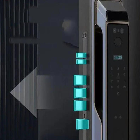 Hassle Free Smart Door Lock With Rock Solid Fingerprint Recognition And Swipe Card Keyless Entry Smooth Brushed Steel Look, detailed view of scanner and keypad.