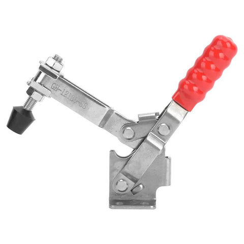 Stainless Steel Toggle Clamp With Fixed Rod For Woodworking And Welding Tasks, featuring red handle, side view