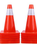 12 Pack 18 Inch PVC Traffic Cones With Bright Fluorescent Orange Color And 4 Inch Reflective Strips, stacked and ready for use