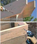 Structural wood screws being driven into timber outdoors with a cordless drill