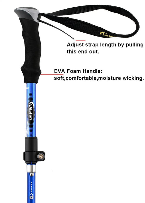 Go-To Ultralight Aluminum Collapsible Trekking Pole for Travel and Hiking, blue EVA foam handle with wrist strap detail