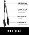 Side view of black Heavy Duty Stainless Steel Kitchen Tongs Set Of 2 with heat resistant silicone tips and easy pull lock.