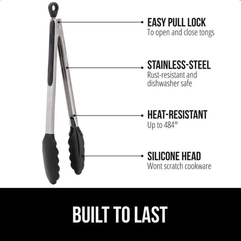 Side view of black Heavy Duty Stainless Steel Kitchen Tongs Set Of 2 with heat resistant silicone tips and easy pull lock.