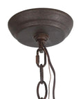 Close-up of Brown Rust Metal Finish 5 Light Farmhouse Chandelier chain and ceiling mount, Rustic Modern Industrial Style, Edison Candelabra Bulbs.