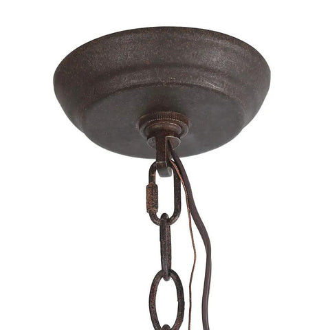 Close-up of Brown Rust Metal Finish 5 Light Farmhouse Chandelier chain and ceiling mount, Rustic Modern Industrial Style, Edison Candelabra Bulbs.