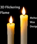 Two Real Wax LED Flameless Taper Candles With Remote Timer 9.6 Inch, 3D Flickering Flame, Ivory, shown with melted wax effect.