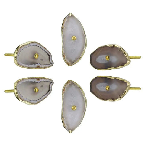 Natural Agate Stone Drawer Knobs With Slick Gold Plated Edge Decorative Cabinet Hardware No Hassle Screw Install For Dressers Wardrobes Super Smooth Durable Finish Hella Stylish Home Upgrade, set of six knobs.