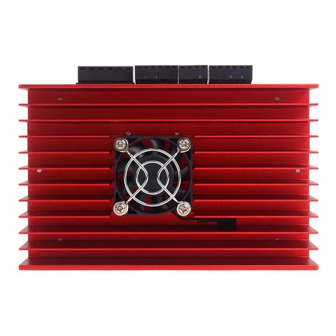 Front view of red aluminum heat sink with horizontal fins, central cooling fan, and top black connector blocks.