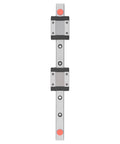 MGN12C Linear Guide Rail Kit With 2 Sliding Blocks For 3D Printers And CNC Machines Heavy Duty Stainless Steel Motion Guide 2.84kN Dynamic Load 100mm Rail Length Smooth Precision Linear Bearings For Pros And DIYers. vertical view with two sliding blocks on 100mm steel rail