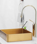 Square Stainless Steel Vessel Sink T304 Bathroom Wash Basin Counter Mount With Pop Up Drain Brushed Nano Finish and gold faucet.