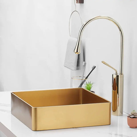Square Stainless Steel Vessel Sink T304 Bathroom Wash Basin Counter Mount With Pop Up Drain Brushed Nano Finish and gold faucet.