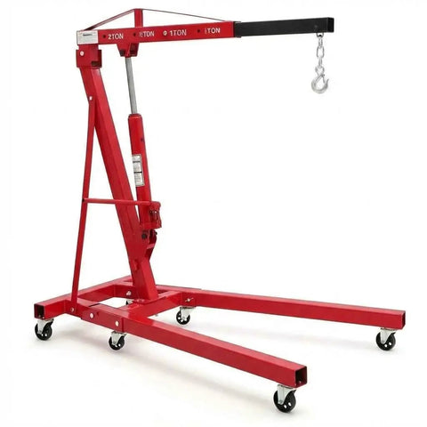 Heavy Duty Folding Hydraulic Engine Hoist Two Ton Portable Garage Cherry Picker with casters for smooth mobility.