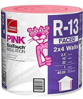 Top Ticket R-13 Pink Kraft Faced Fiberglass Insulation Roll Crafted For Smooth Sailing 2by4 Wall Install To Lock In Warmth Dead Silence And Keep Your Place Snug Year Round Formaldehyde Free Ultra Comfortable Triple Pack, roll packaging showing dimensions and features.