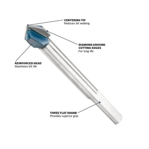 Glass and tile drill bit with blue tip, diamond-ground cutting edges, reinforced head