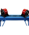 Heavy Duty Pipe Roller Welding Positioner Workstand Handles Up To 1100 Lb Steel Tubing with red rollers, blue frame, top view.