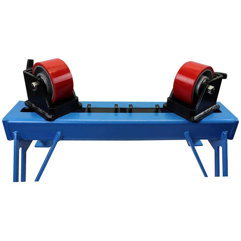 Heavy Duty Pipe Roller Welding Positioner Workstand Handles Up To 1100 Lb Steel Tubing with red rollers, blue frame, top view.