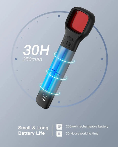 G6 Sport Anti Spy Hidden Camera Detector with red infrared head, shows 30H battery life, portable scanning device