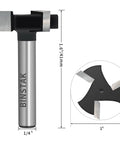 Pro Grade CNC Spoilboard Surfacing Router Bit 1 Quarter Inch Shank, 1 Inch Cutting Diameter, side and top view