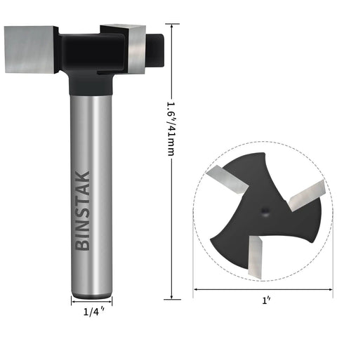Pro Grade CNC Spoilboard Surfacing Router Bit 1 Quarter Inch Shank, 1 Inch Cutting Diameter, side and top view